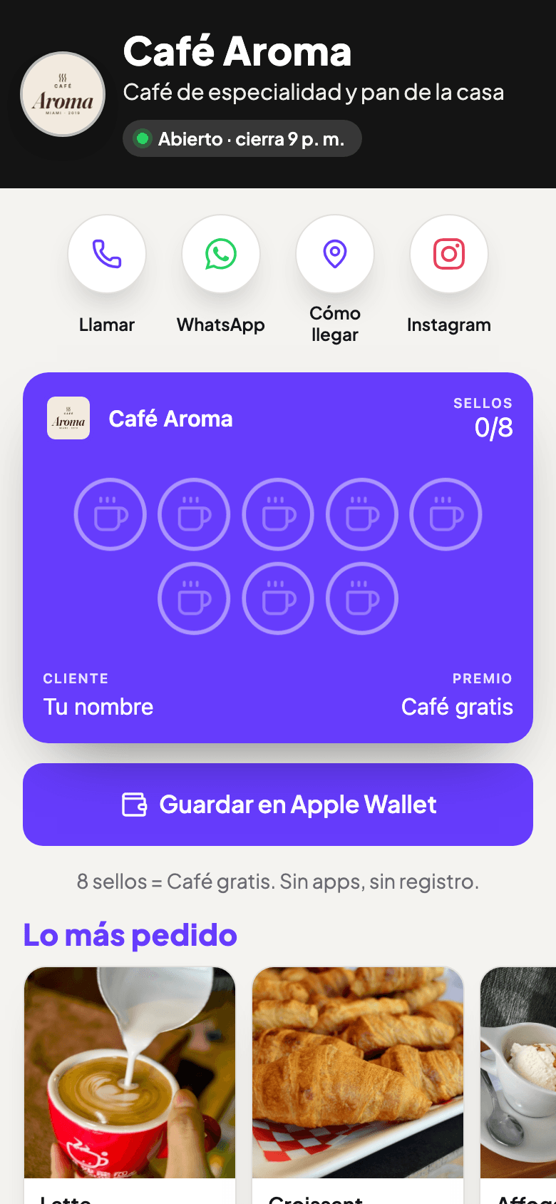 Página de un café hecha con TapiLoyalty, con su tarjeta de sellos