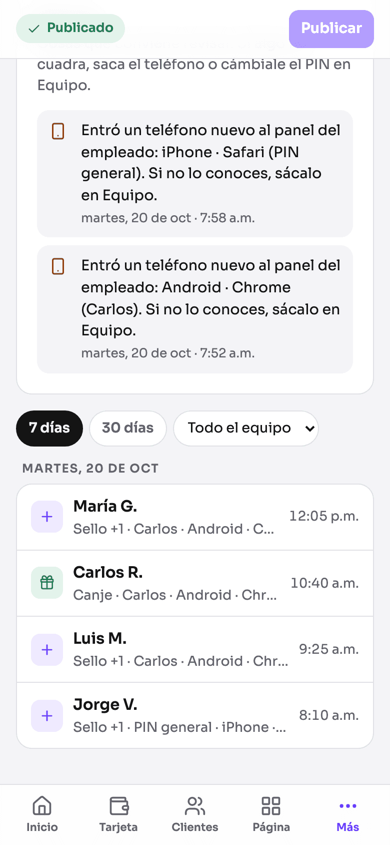 Pantalla Movimientos del panel: cada sello con quién lo puso